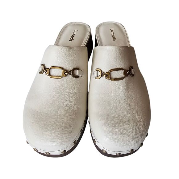 Larroude Zuzi Bit Mule Wooden Platform Clog Size 11 Ivory White Gold Detail - Picture 2 of 8